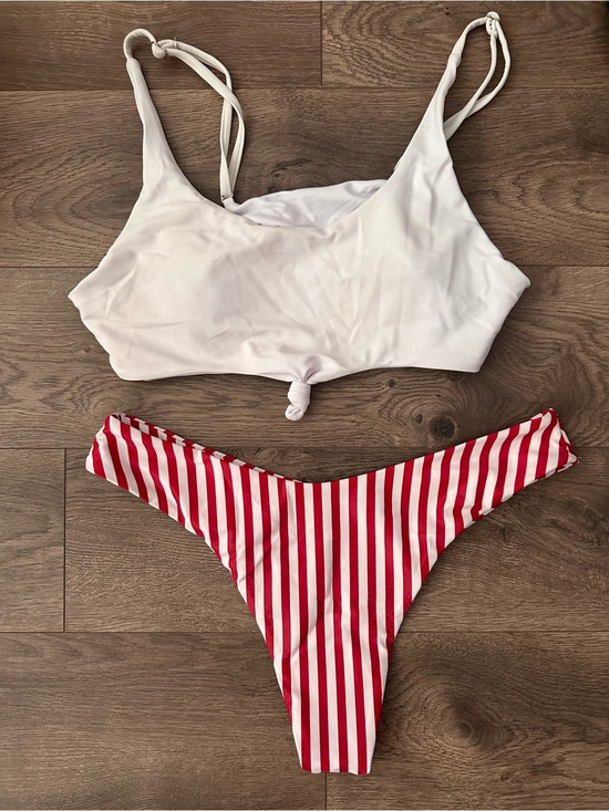Zaful Other - Zaful White Tie-Front Bikini Top & Red-White Striped Bottom